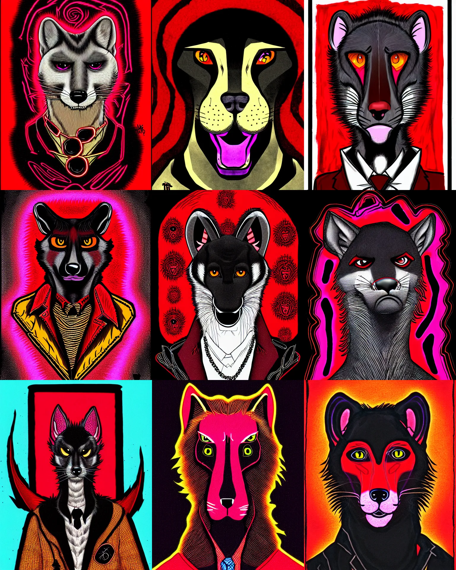 Image similar to handsome weasel fursona portrait, male, red - black, dark psychedelia style, refer to late timothy leary, schizophrenic art. dark and smoky