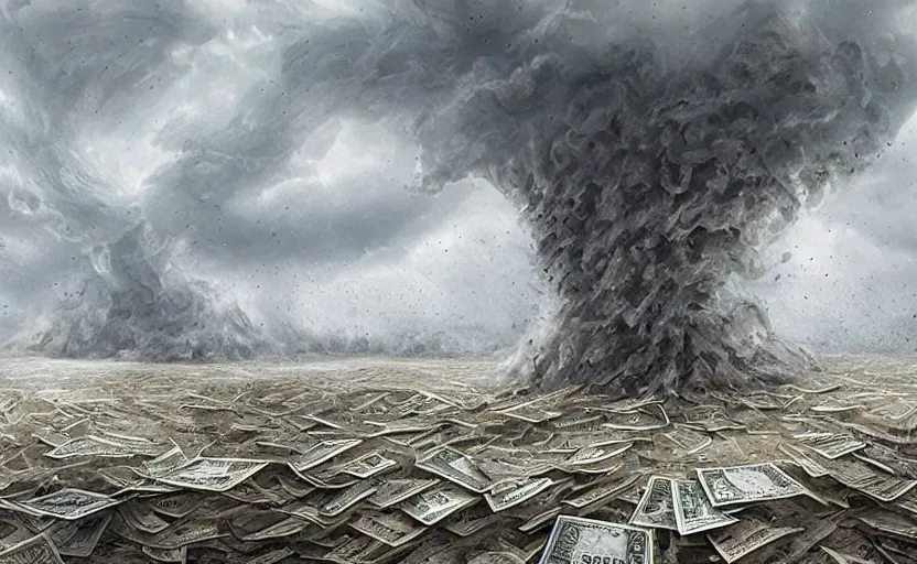 Image similar to A tornado made of cash and Ethereum, landscape art, concept art, intense