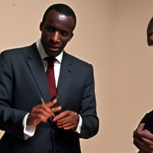 Prompt: African Emmanuel Macron living in the Sahara in American Psycho (1999)