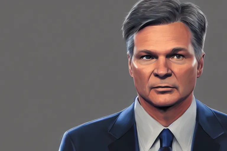 Image similar to fbi director Christopher Wray standing in trial, digital art, cgsociety, artstation