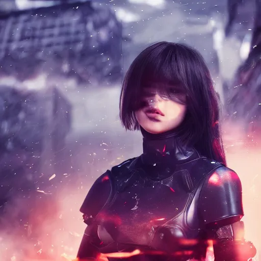 Image similar to beautiful android girl in full battle gear in a destroyed city, moody lighting, 8 k, shallow depth of field, cinematic lighting,