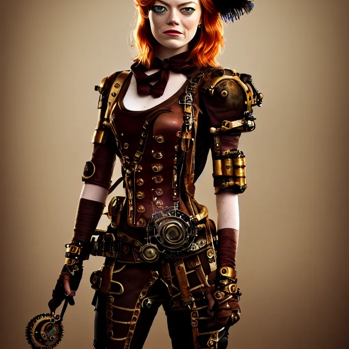 Prompt: professional full length photograph of emma stone as a steampunk warrior. Extremely detailed. 8k
