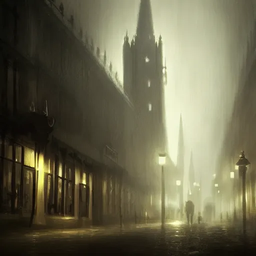 Image similar to victorian city, dark, misty, at night, 8 k, detailed, concept art, trending on artstation