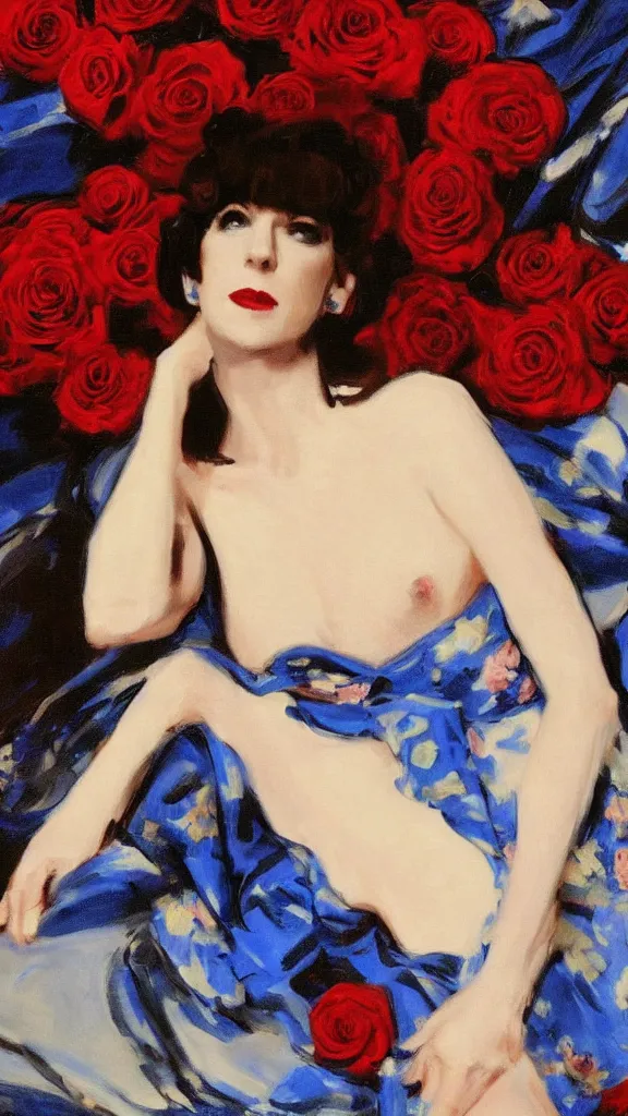 Image similar to portrait of julee cruise in lynch pattern, big persian detailed pot of red roses, blue and red lights painted by john singer sargent