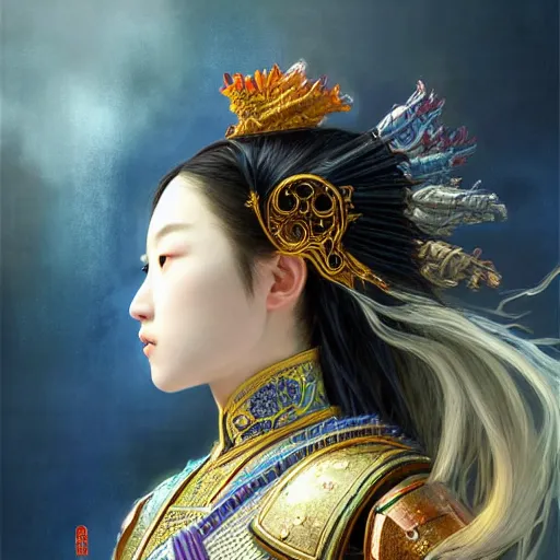 Image similar to beautiful and divine and holy and elite and colorlpunk young three kingdom chinese female armor knight portrait +shinnyy eyes+front face with light flowing hair, ultradetail face, art and illustration by tian zi and craig mullins and WLOP and alphonse mucha, fantasy, intricate complexity, human structure, human anatomy, fantasy character concept, watermark, blurry, hyperrealism 8k