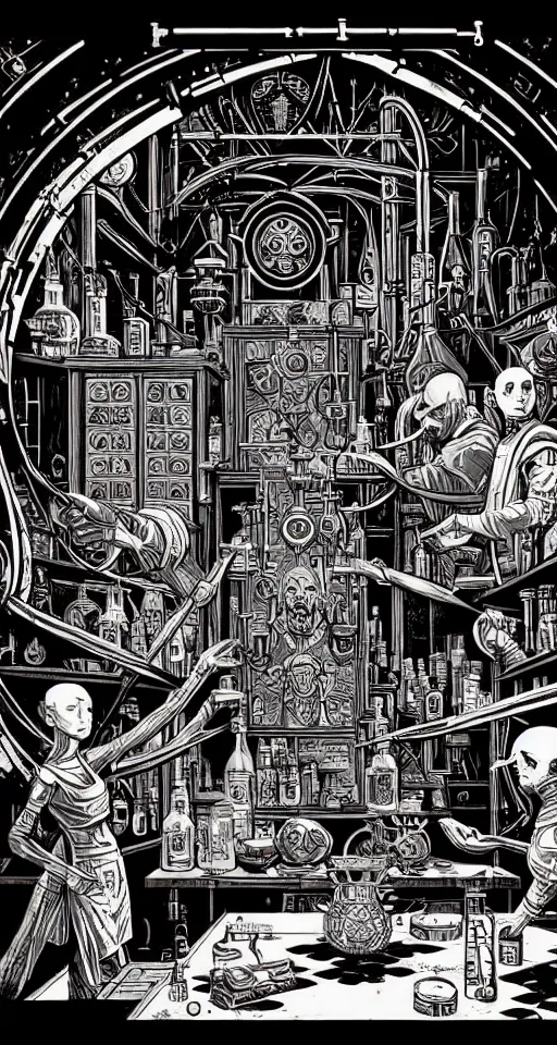 Image similar to ancient alchemist wizards laboratory, high details, lineart, by vincent di fate, inking, 3 color screen print, masterpiece, trending on artstation, sharp, high contrast, hyper - detailed, hd, 4 k, 8 k