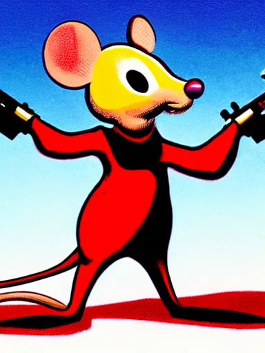 Image similar to an anthropomorphic mouse holding two guns, art by frank miller