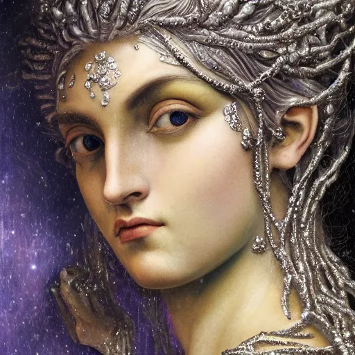 Prompt: baroque neoclassicist closeup renaissance portrait of a beautiful moon goddess with stars in her hair, reflective detailed textures, glittering silver ornaments, dark fantasy science fiction painting by diego rivera and jean delville and ruan jia and nicholas roerich and annie swynnerton, dramatic lighting, gleaming silver and cool colors, floral tattoos, artstation, octane render