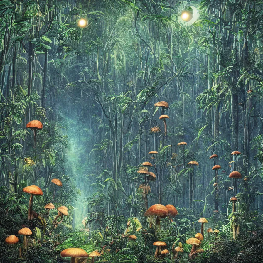 Prompt: album art, of an overgrown dense tropical forest at night, mushrooms, eucalyptus trees, fireflies, and a badger, omni magazine