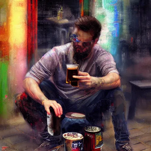 Image similar to a realistic hyperdetailed multi - colored digital oil full body portrait painting of a man playing on a playstation 5 outside at a restaurant, beer in hand, in the style of guy denning, ruan jia, and craig mullins. trending on artstation and deviantart. cgsociety digital art.