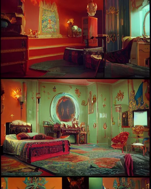 Prompt: the image is a lost hollywood film still 1 9 8 0 s photograph of the norse god loki's room. vibrant cinematography, anamorphic lenses, crisp, detailed image in 4 k resolution.