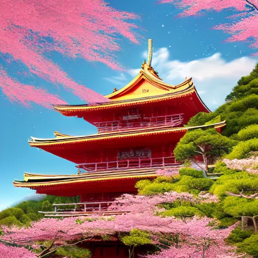 Image similar to A beautiful digital fantasy painting of a giant Japanese temple at the top of a hill in the mountains, surrounded by cherry blossom trees and bamboo, by Greg Rutkowsky and James Gurney, trending on Artstation