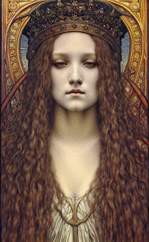 Image similar to detailed realistic beautiful young medieval queen face portrait by jean delville, gustave dore and marco mazzoni, art nouveau, symbolist, visionary, gothic, pre - raphaelite. horizontal symmetry