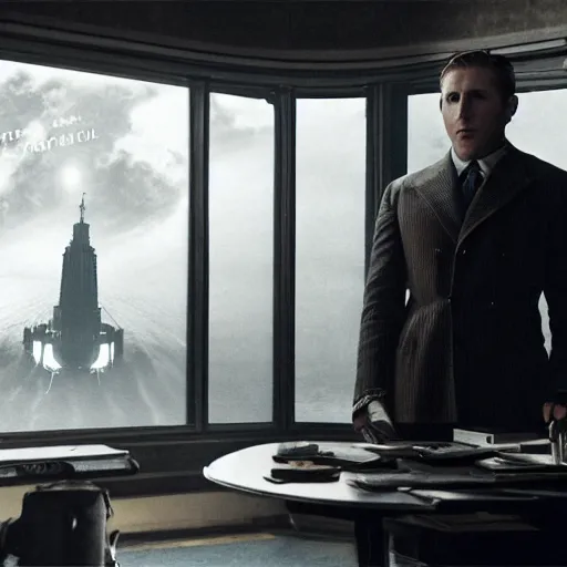 Image similar to a highly detailed cinematic photo from a live - action bioshock movie. andrew ryan, portrayed by ryan gosling, is shown standing in a 1 9 3 0's office with a large desk in front of a floor - to - ceiling window looking out onto the underwater city of rapture shining in the distance, sea life is shown outside of the window