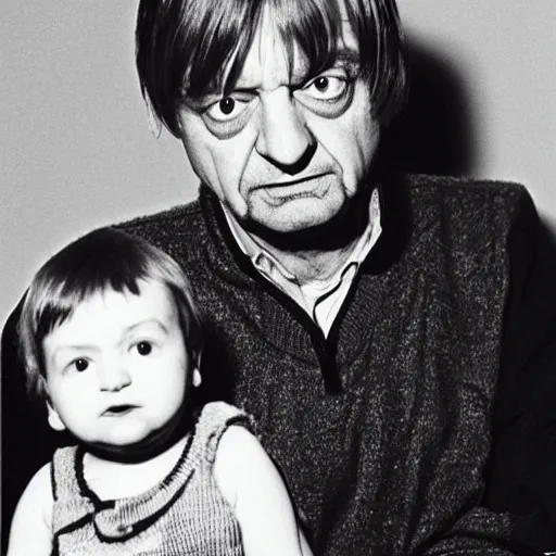 Prompt: mark e smith shaking a baby