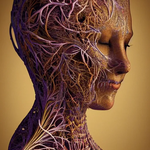 Image similar to beatifull frontal face portrait of a woman, 150 mm, anatomical, flesh, flowers, mandelbrot fractal, facial muscles, veins, arteries, symmetric, intricate, golden ratio, full frame, microscopic, elegant, highly detailed, ornate, ornament, sculpture, elegant , luxury, beautifully lit, ray trace, octane render in the style of peter Gric , alex grey and Romero Ressendi