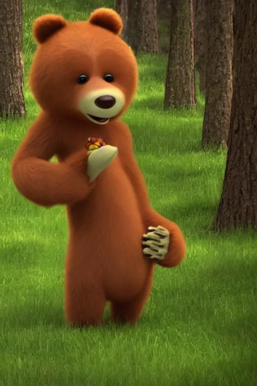 Image similar to cinematic shot of a cute anthropomorphic bear standing in the forest with his hands on his waist by greg rutowski and his face by pixar with a warm smile and big green eyes,, 8 k, masterpiece
