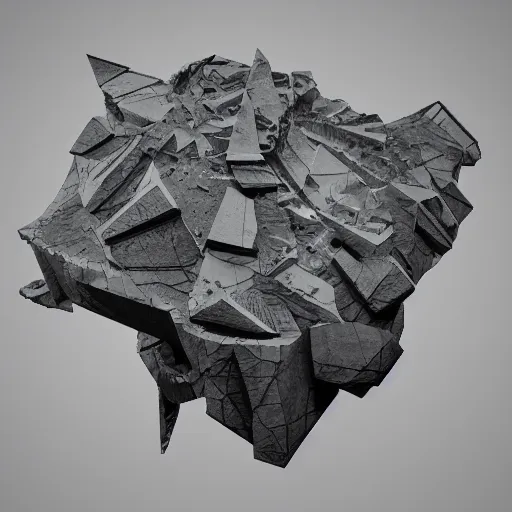 Prompt: entities, muck and geoglyphs in the form of triangles, geometric patterns, impossible structures, decayed, broken pieces, rendered in cinema 4 d, highly detailed, alien, interesting textures, experimental