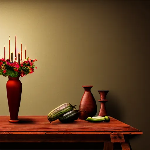 Image similar to a large vase on top of a antique wooden table, vegetables on table and candle, medieval concept art, cinematic lightning and colors, vray tracing, rendered in unreal engine, dark lightning, contrast shadows