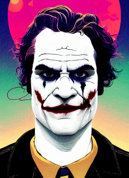 Prompt: symmetry!! stunning portrait of joaquin phoenix as arthur fleck joker, 2 0 1 9 joker movie, by victo ngai, kilian eng vibrant colors, dynamic lighting, digital art, winning award masterpiece, fantastically beautiful, illustration, aestheticly inspired by beksinski and dan mumford, upscale with simon stalenhag work, artstation, 8 k