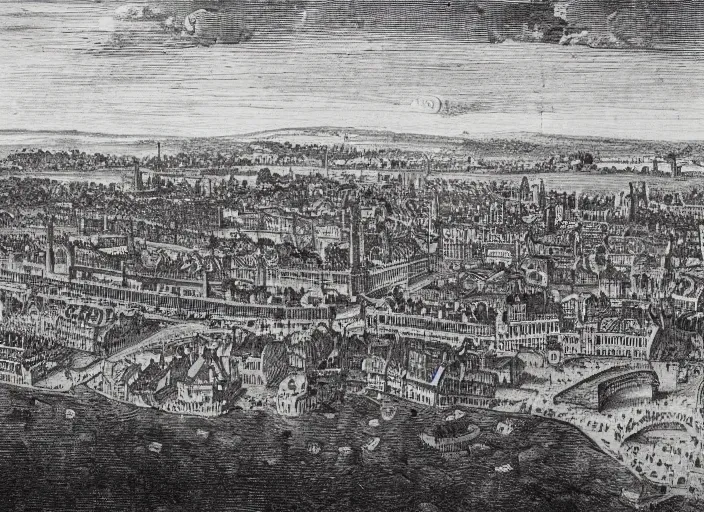 Prompt: detail from Hollar’s Panoramic view of ruined London, 1647