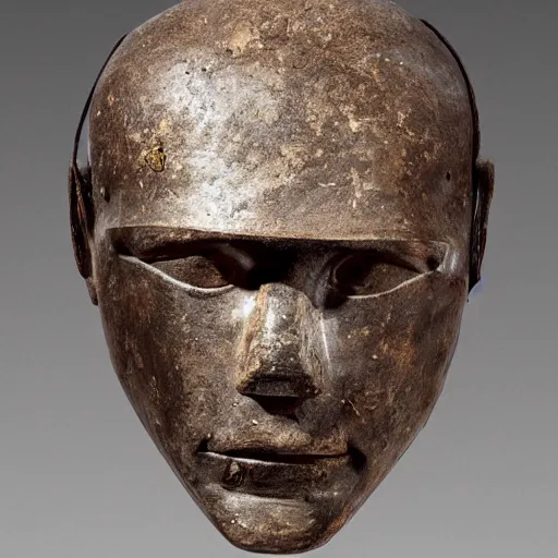 Image similar to an extremely ancient ironman bust that is tarnished and covered in sediment from uncovered earth expedition, rare photograph, smithsonian,