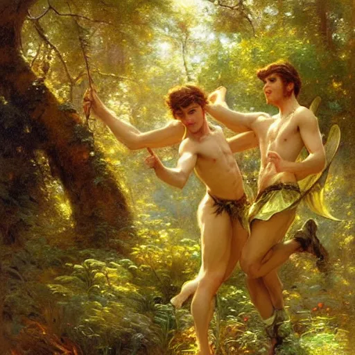 Image similar to 2 attractive male fairies in the forest frolicking. highly detailed painting by gaston bussiere, craig mullins, j. c. leyendecker, 8 k