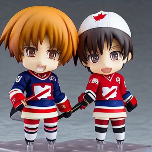 Image similar to an anime Nendoroid of Bob and Doug MacKenzie, the great white north, hockey jerseys, figurines, detailed product photo