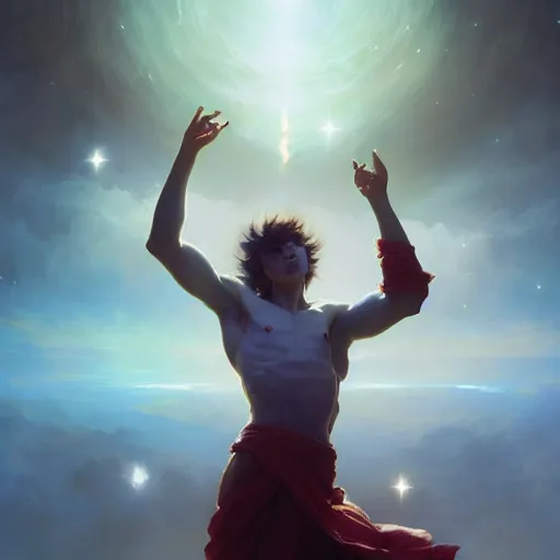 Image similar to A man drinking a cup of cosmic energy bright light, illustration by Ruan Jia and Mandy Jurgens and William-Adolphe Bouguereau, Artgerm, 4k, digital art, surreal, anime style, space dandy style, highly detailed, godsend, artstation, digital painting, concept art, smooth, sharp focus, illustration by Ruan Jia and Mandy Jurgens and William-Adolphe Bouguereau, Artgerm