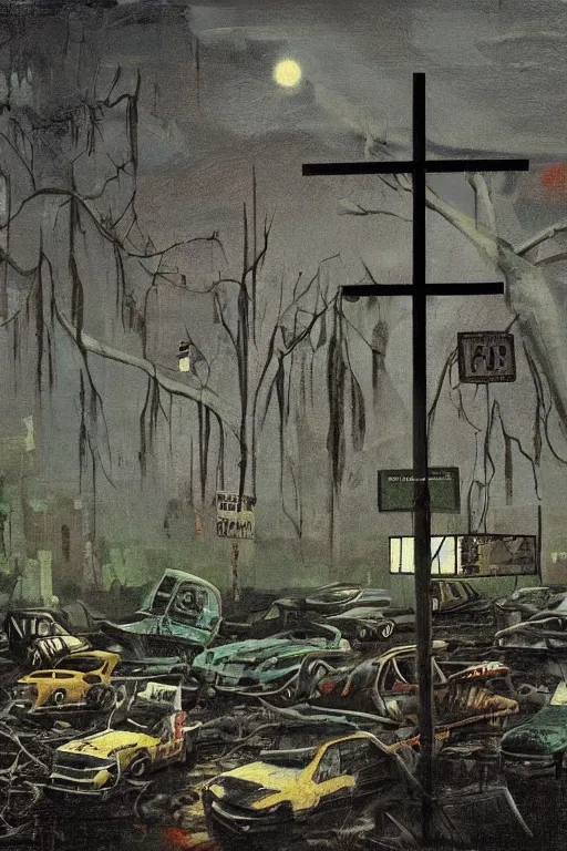 Prompt: scene fromlouisiana swamps, old protestant church with neon cross, junkyard by the road, boy scout troop, voodoo artwork by tim eitel