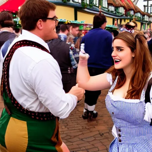 Prompt: Peter Griffin meets Chubby Emma Watson dressed in a lederhosen as a beer maid at Oktoberfest, Peter Griffin gives her a handshake, Realistic, HDR, Clear Image