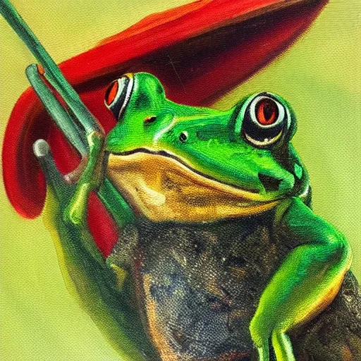 Image similar to frog with a sword, oil painting