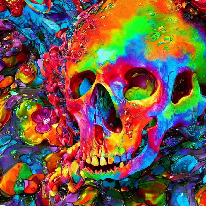 Prompt: illustration of a colorful melting human skull. flowers and blossoms, ferrofluids, burning water distortions. intricate abstract. intricate artwork. by Tooth Wu, wlop, beeple, dan mumford. octane render, trending on artstation, greg rutkowski very coherent symmetrical artwork. cinematic, hyper realism, high detail, octane render, 8k, depth of field, bokeh. iridescent accents