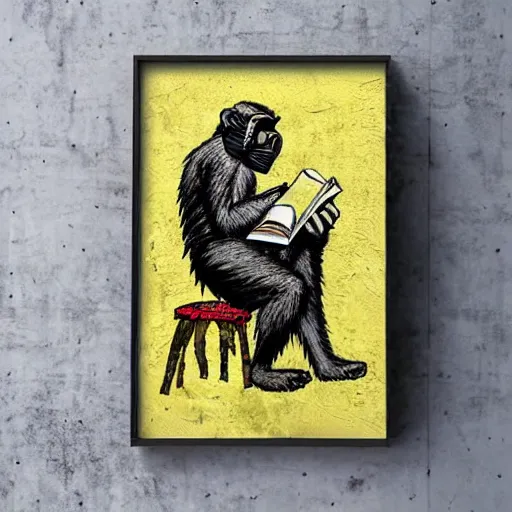 Image similar to a single Monkey reading a book, wearing a gas mask, graffiti, edge to edge, solid color background intricate, highly detailed, smooth, sharp focus, detailed face and body, high contrast, art by wrdsmth