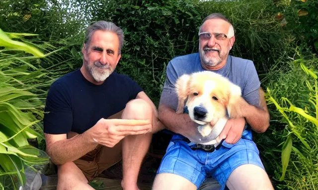 Prompt: My dad Steve just took a hit from the bongo and have good time being gracefully relaxed in the garden, sunset lighting. My second name is Carell. My dad second name is Carell. Im the dog and Steve Carell is my dad. Detailed face. Hairy calves