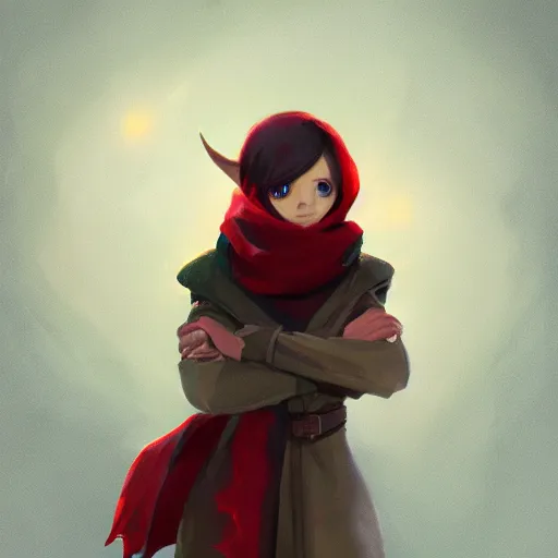 Prompt: Goblin Female portrait, Red Scarf, hatched ear, golden earring, white background, by makoto shinkai, Riot Games, highly detailed, digital illustration, concept art, trending on artstation