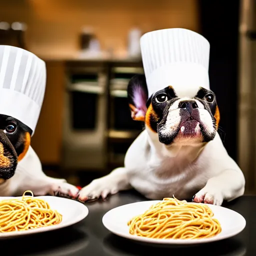 Prompt: a 8k highly detailed still photo by David Bailey of Two multi-colored French Bulldogs in chef hats and aprons starring on a cooking show, a plate of spaghetti is prepared, a high end restaurant kitchen in the background, bokeh