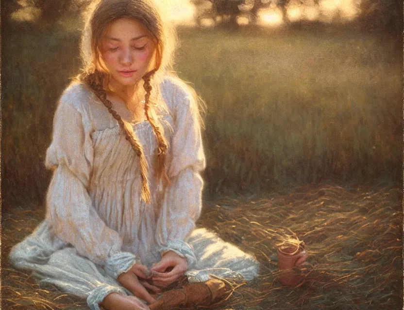 Image similar to peasant girl with long hair yarn knitting, cottage core, cinematic focus, polaroid photo bleached vintage pastel colors high - key lighting, soft lights, foggy, by steve hanks, by lisa yuskavage, by serov valentin, by tarkovsky, 8 k render, detailed, oil on canvas