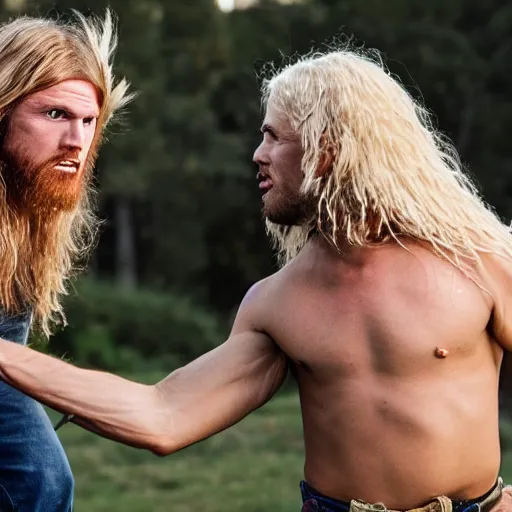 Prompt: a long - haired blonde hillbilly fighting against a cardboard boxman