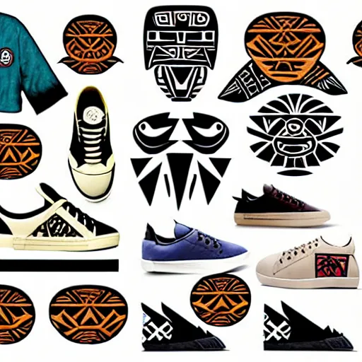 Image similar to sneaker design designed by studio ghibli, aztec mayan street fashion native punk sneaker design, majora's mask, wearing wooden mask, hip hop sneaker design with subtle mayan patterns, gapmoe yandere grimdark, trending on pixiv fanbox, painted by greg rutkowski makoto shinkai takashi takeuchi studio ghibli, akihiko yoshida