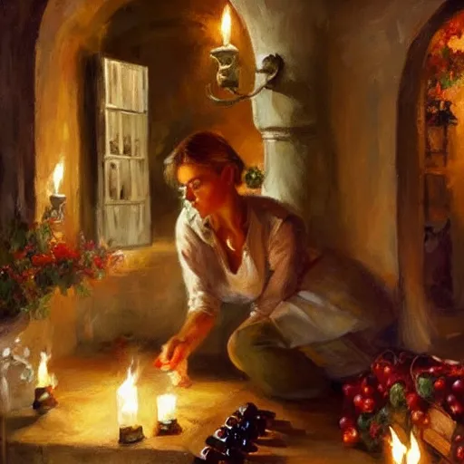 Image similar to wine cellar full of food, torches on the wall, schnapps, romantic, inviting, cozy, blonde woman, painting Vladimir Volegov