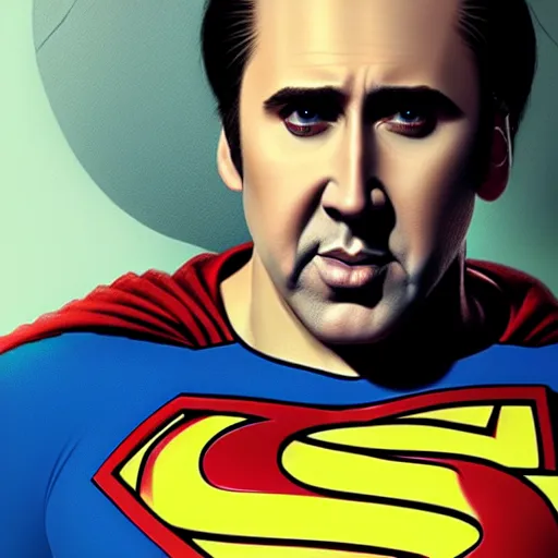 Image similar to portrait of nicolas cage as superman, intricate, elegant, highly detailed, digital painting, artstation, concept art, smooth, sharp focus, illustration, art by artgerm and greg rutkowski and alphonse mucha, 8 k