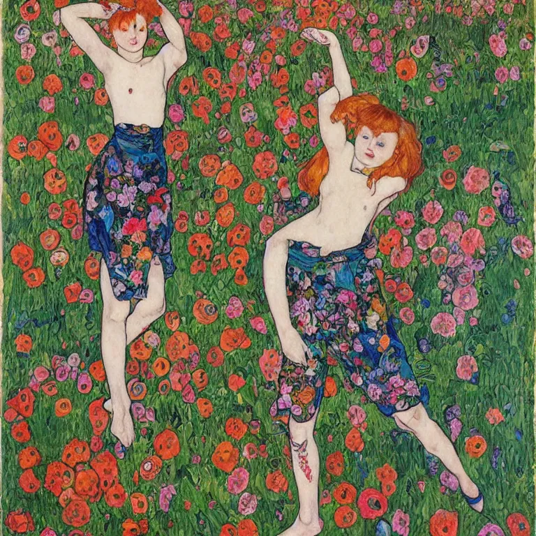 Prompt: a ginger girl with a pixie cut and covered in tattoos dancing by the riverside in a garden full of huge flowers by tivadar csontvary kosztka and egon schiele