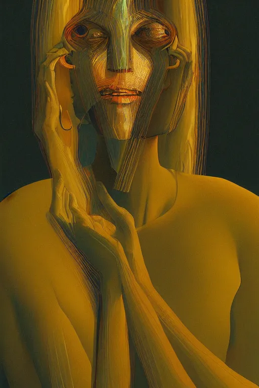 Image similar to woman wearing Oculus and digital glitch head Edward Hopper and James Gilleard, Zdzislaw Beksisnski, higly detailed