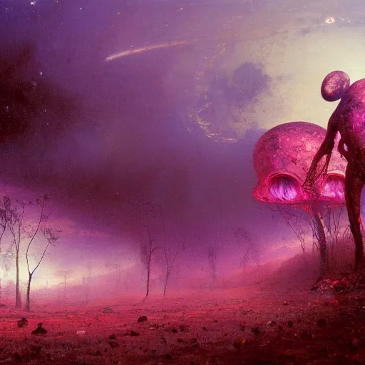 Image similar to a lovely picture of a mycelium alien by john berkey, by george inness, by john harris, purple and red and white gradient colour theme, trending on deviantart, rendered in blender, 8 k resolution