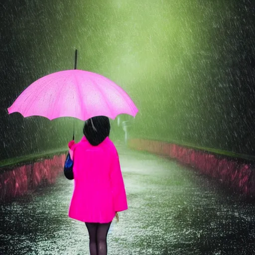 Prompt: photo of kitsune, very detailed, neon, pink, japan, forest, rain, umbrella, ultra, fashion