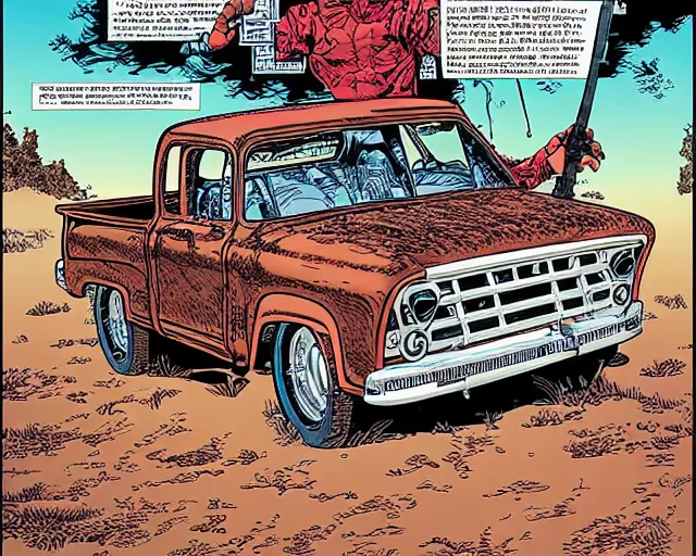 Prompt: a portrait of an old pickup truck by arthur adams and geof darrow and mike deodato and al feldstein and moebius and chip zdarsky