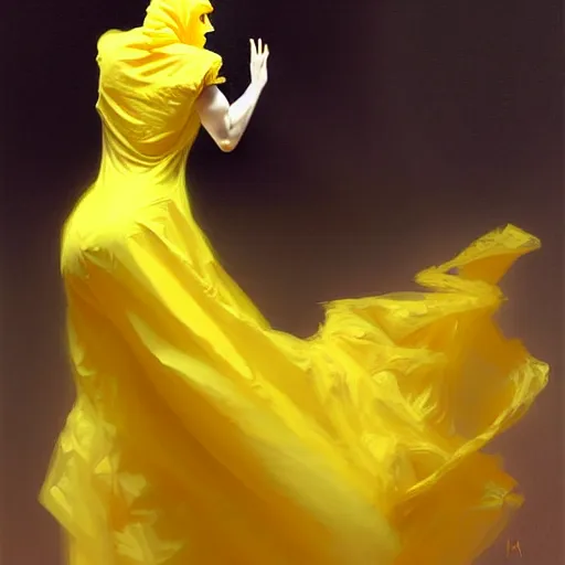 Prompt: a man in a yellow hazmat suit and a voluminous woman in a yellow organza dress both dancing, intricate, elegant, digital painting, concept art, smooth, sharp focus, illustration, from metal gear, by ruan jia and mandy jurgens and william - adolphe bouguereau, artgerm
