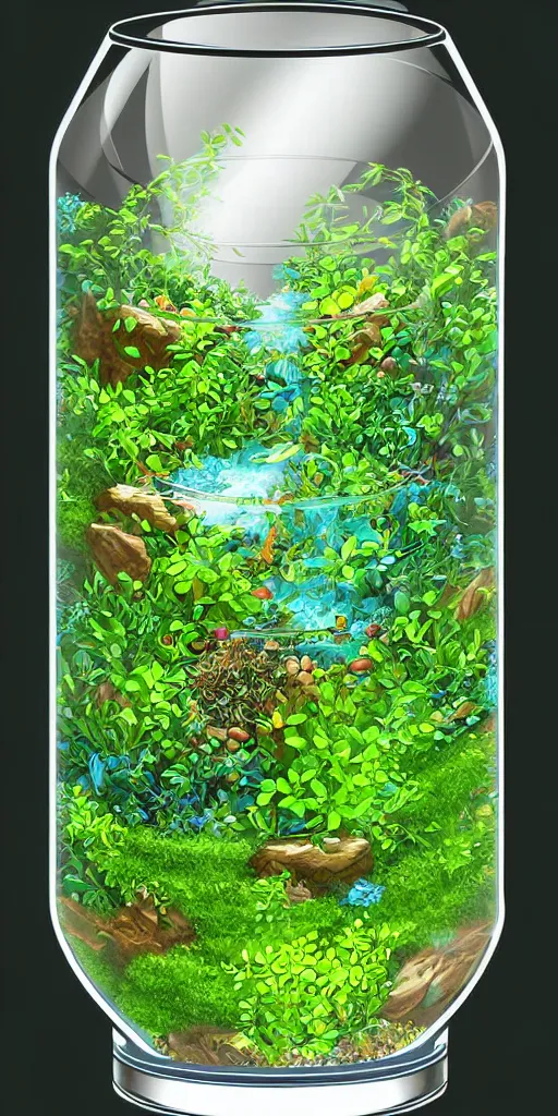 Prompt: graphic of enchanted terrarium, water flows inside the terrarium, digital art, highly detailed illustration, Lemma Guya, golden ratio, rule of thirds