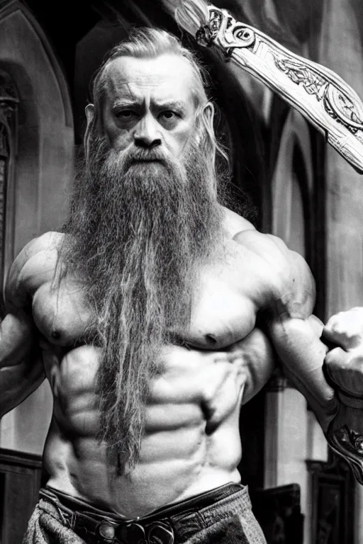 Image similar to Dumbledore is a jacked muscle builder gigachad, grayscale photography